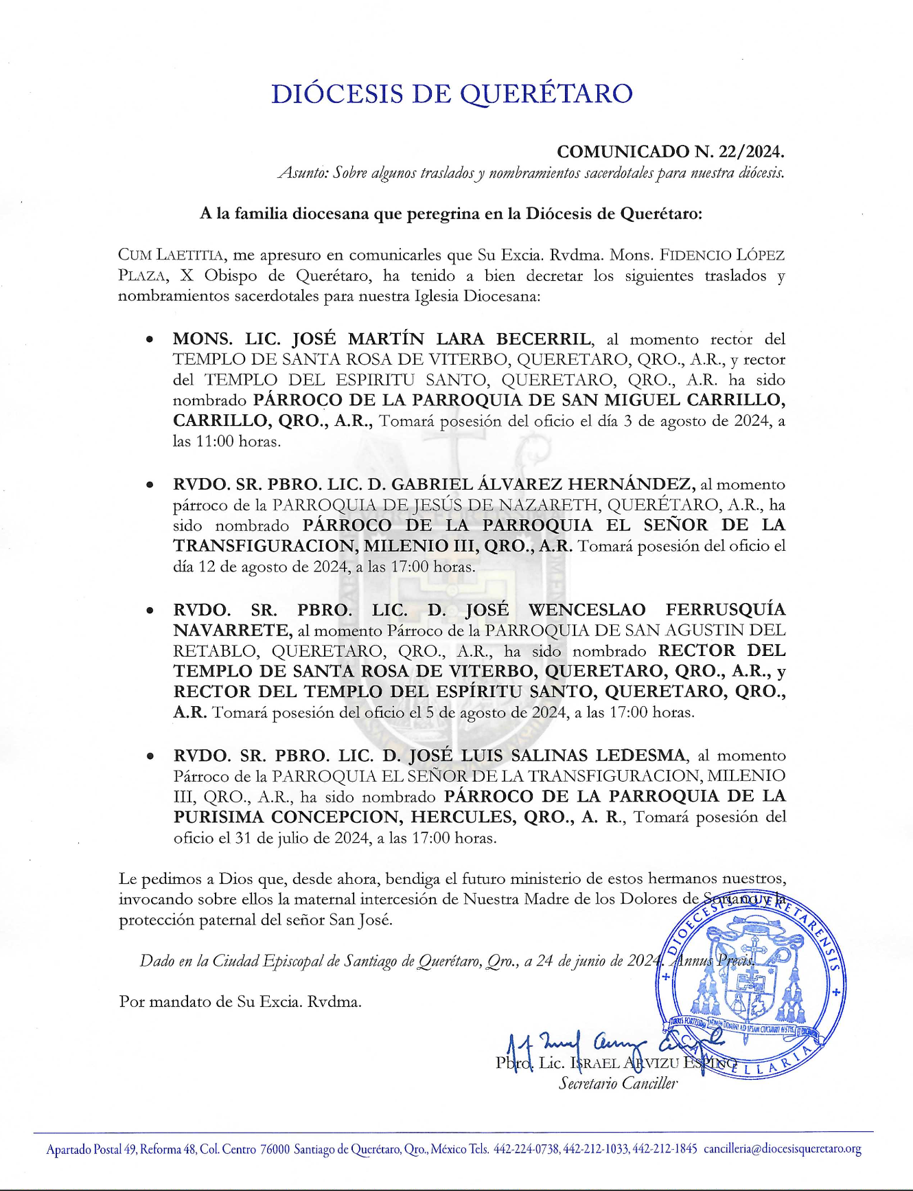 COMUNICADO N. 22/2024. Asunto: Sobre algunos traslados y nombramientos sacerdotales para nuestra diócesis.